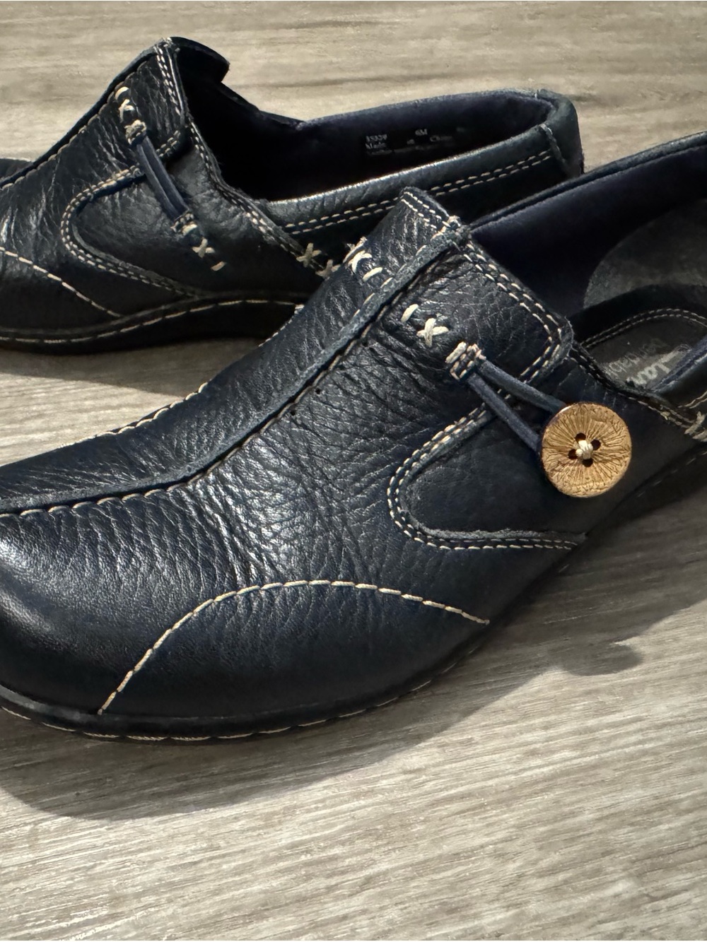 Clarks Navy Leather Slip-On Loafers with Contrast Stitching